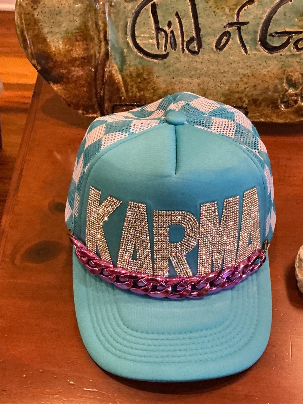 Blue "KARMA" Women’s Cap with Pink Chain Accent